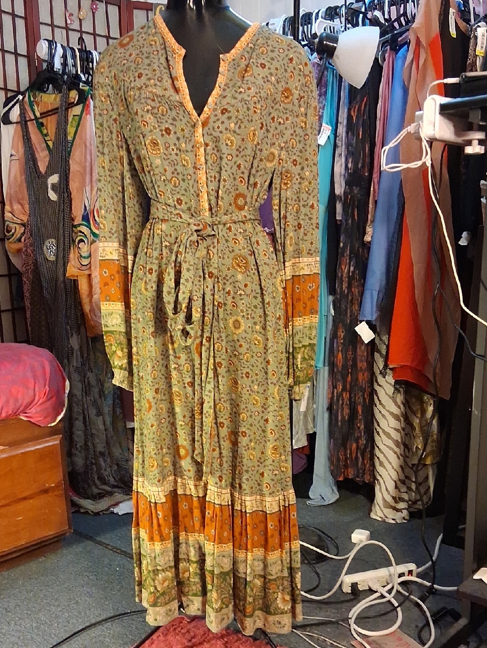 Spell Olive & Rust Floral Tie-Waist Viscose Midi Dress - Picture 5 of 8